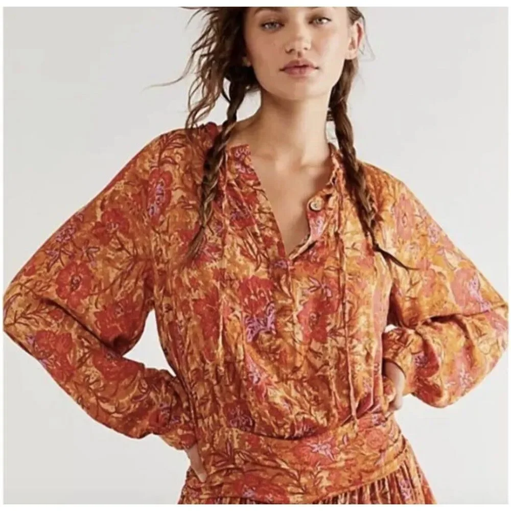 Free People Orange Dance‎ Til Dawn Romper Size Women's XS Ruffled Tie Up Romper